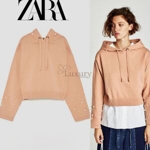 ZARA Knit Pink Peach Pearl Hoodie Crop Sweatshirt / Sweater Size M